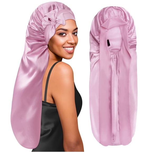 Extra Long Silky Satin Braid Bonnet with Tie Band Light Rose Gold