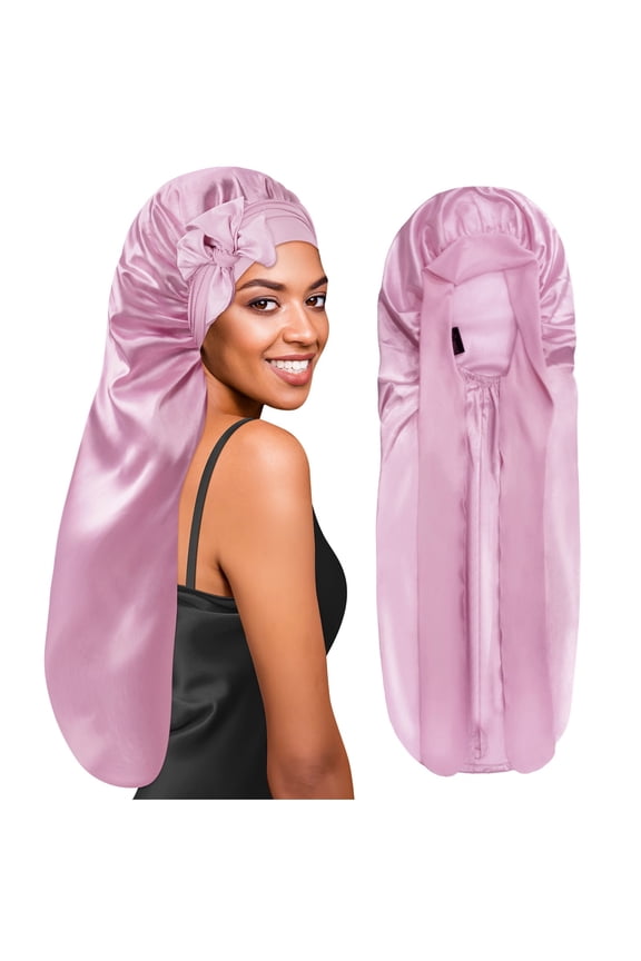 Extra Long Silky Satin Braid Bonnet with Tie Band Light Rose Gold