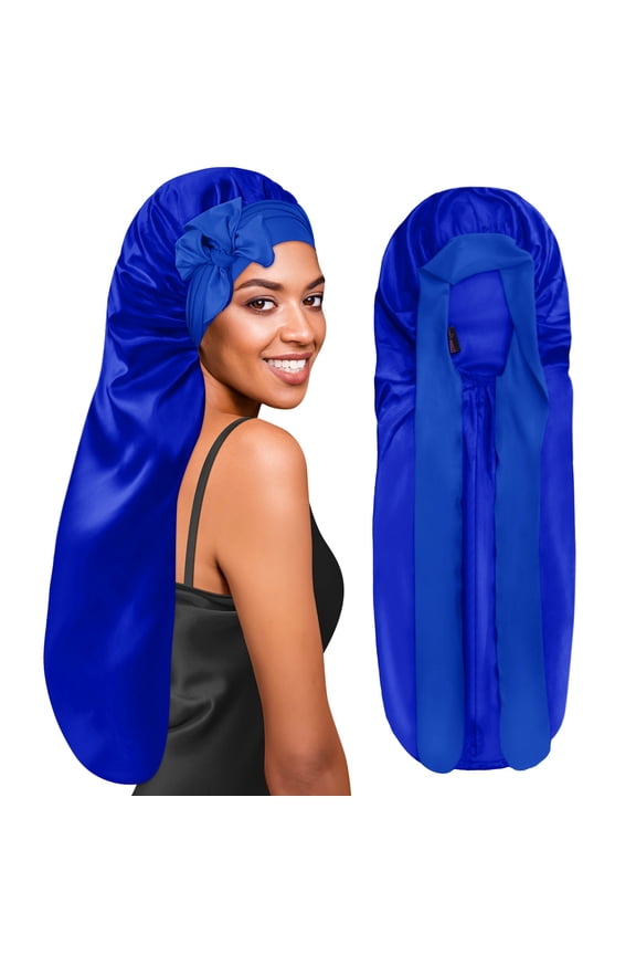 Extra Long Silky Satin Braid Bonnet with Tie Band Navy Blue