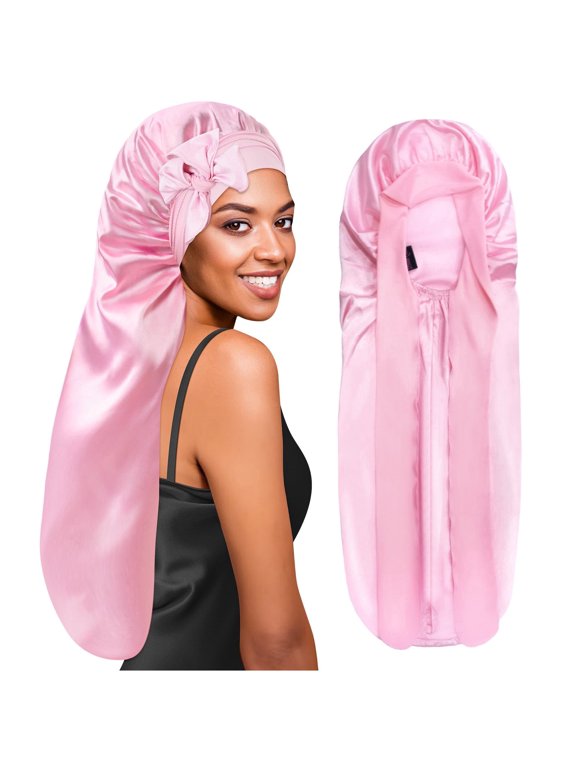 Extra Long Silky Satin Braid Bonnet with Tie Band Pink