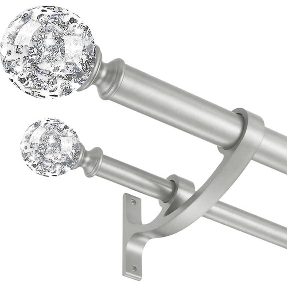 Extra Long Silver Double Curtain Rod with Crystal Finials, Adjustable 140 to 164 Inches, 1" Front & 5/8" Back Heavy Duty Rod