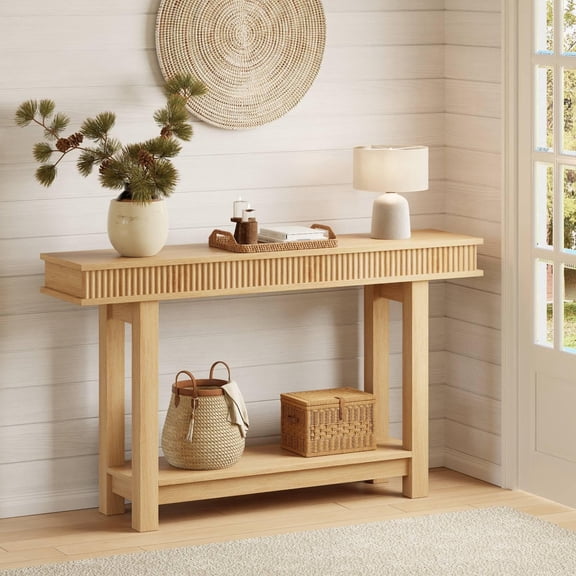 Extra Long Sofa Table, Farmhouse Console Tables with Wood Frame and Storage Shelf, 2-Tier Wood Table Behind Couch for Living Room, Hallway,Beige