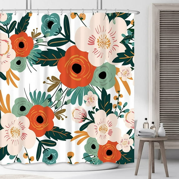 Extra Long Spring Flower Fabric Shower Curtain 72Wx84H Inch Watercolor Floral Green Leaves Orange Bathroom Decor Polyester Waterproof 12 Pack Plastic Shower Hooks WW-YHX9