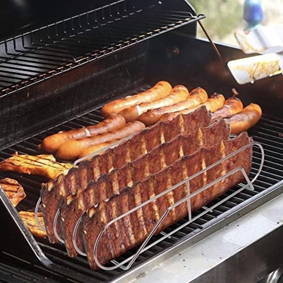 Extra Long Stainless Steel Rib Rack for Smoking and Grilling, Holds up to 3 Full Racks of Ribs, Fits 18 or Larger Gas Smoker or Charcoal Grill, Perfect Smoker Accessories Gifts for Men
