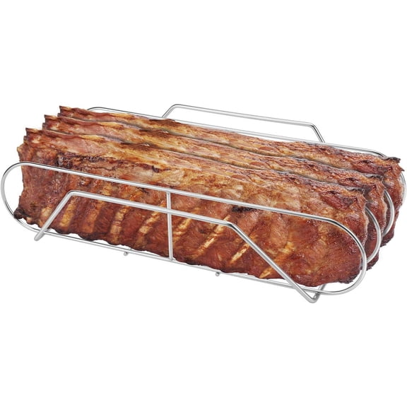 Extra Long Stainless Steel Rib Rack for Smoking and Grilling, Holds up to 3 Full Racks of Ribs, Fits 18 or Larger Gas Smoker or Charcoal Grill