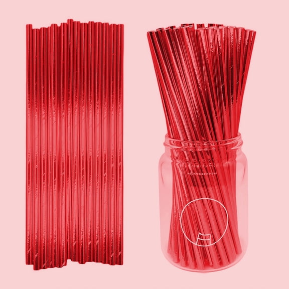 Extra Long Straws, Paper Straws for Crafts, Biodegradable Straws, Cocktail Straws for Drinks, 10 in, Metallic Red, 100 Pc, Party Beverage Serving, Holiday Gatherings