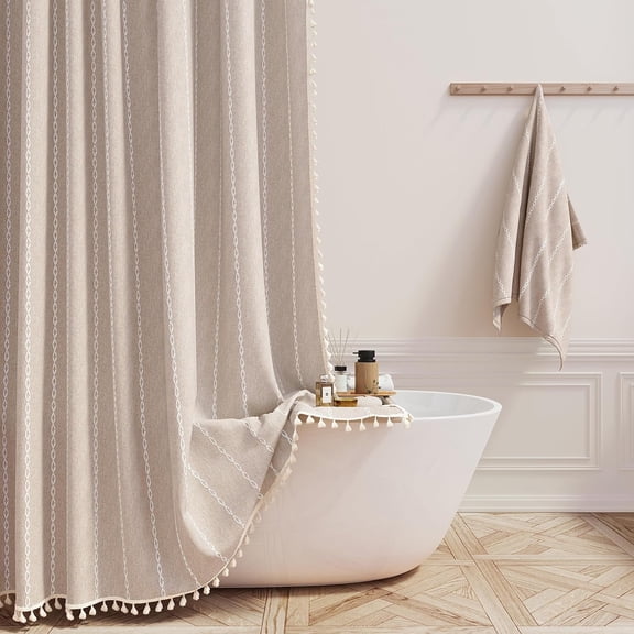 Extra Long Striped Boho Chic Linen Shower Curtain with Tassels 72"W x 90"L Taupe