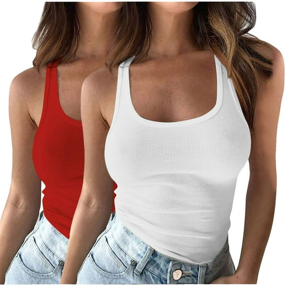 Extra Long Tank Tops for Women 2pc Women's Round Neck Ribbed Tank Tops Workout Sleeveless Summer Casual Slim Fitted Cami Shirt Solid Color Sleeveless Tee Sports Tank Tops for Lady White XL