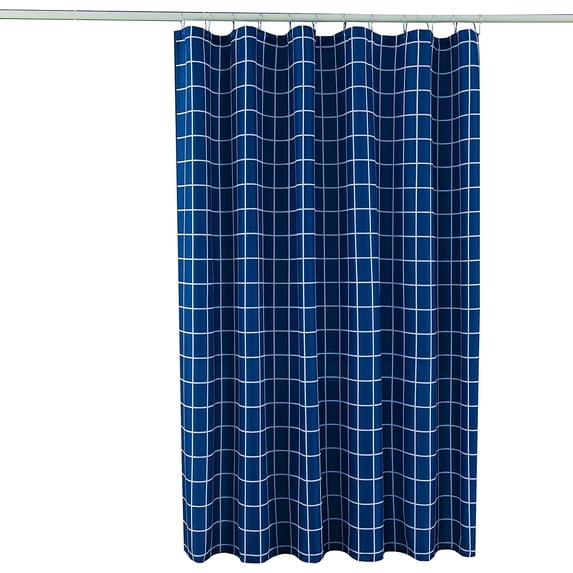 Extra Long Textured Fabric Shower Curtain 72" Width by 84" Length, Indigo Checkered Printed Bathroom Curtains Machine Washable