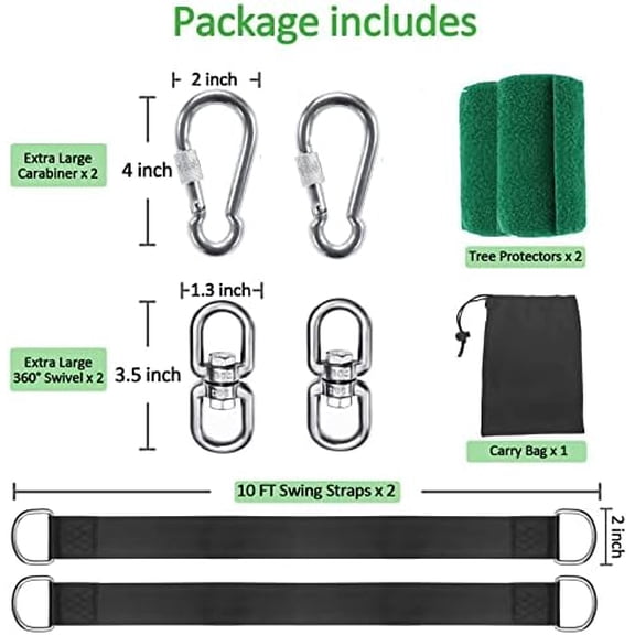 Extra Long Tree Swing Straps, 3FT/10FT/20FT/30FT Tree Swing Hanging Straps Kit Holds 5000 lbs with Tree Protector, Heavy Duty Carabiner and Swivel Perfect for Swings & Hammocks (10 FT)