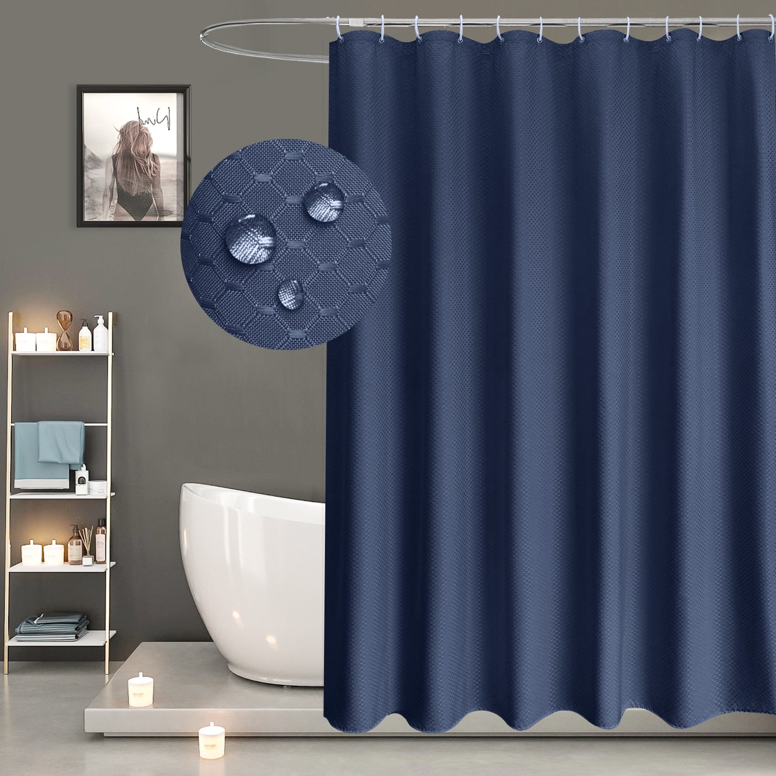 Extra Long Waffle Shower Curtain, 72"x84", Heavy Duty Blue Fabric