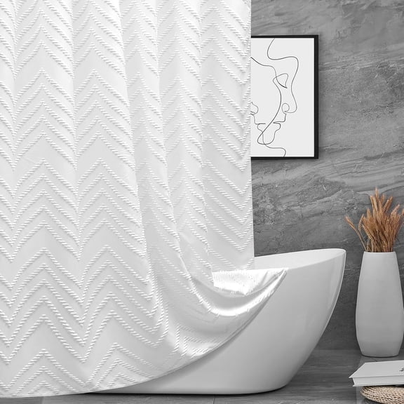 Extra-Long White Tufted Chevron Shower Curtain, 72 x 96 Inches, Waterproof Chenille, Grommet Top, Shabby Chic Style