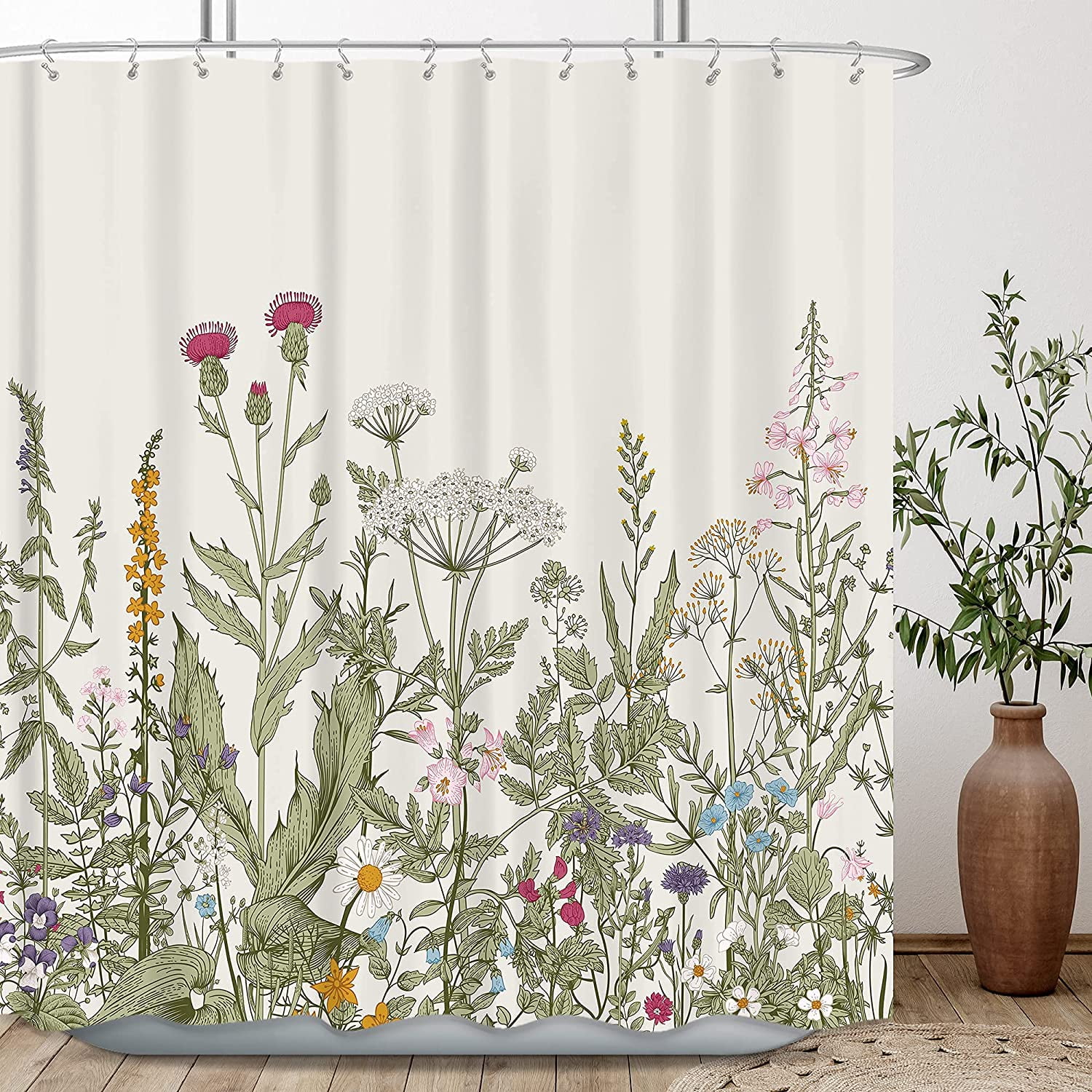 Extra Long Wildflower Shower Curtain for Bathroom Decor 72Wx84H Inch Flower Floral Vintage Botanical Accessories Herbs Plant Bathroom Set Windows Fabric Polyester Waterproof 12 Pack Hooks