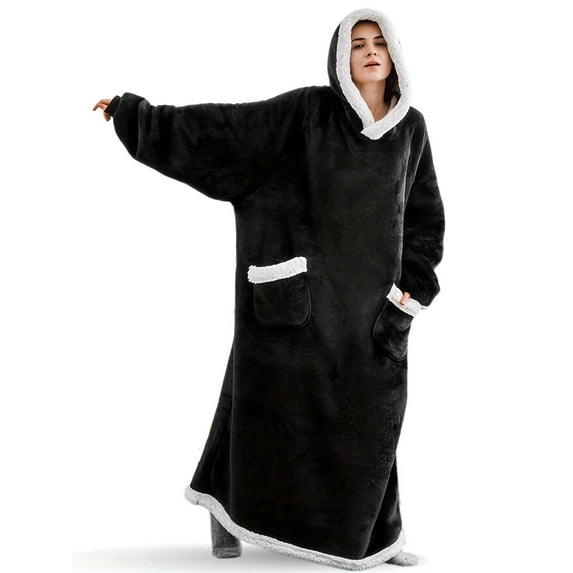 Extra Long Women's Hooded Robe 120cm Length, Cozy Fleece Lined Bathrobe with 30cm Hood, Double Pocket Soft Black Lounge Wear, Tall Women Winter Loungewear