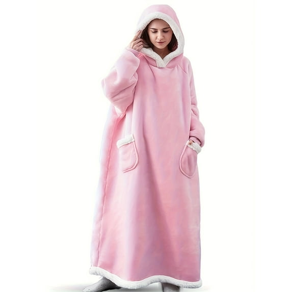 Extra Long Women's Hooded Robe 120cm Length, Cozy Fleece Lined Bathrobe with 30cm Hood, Double Pocket Soft Pink Lounge Wear, Tall Women Winter Loungewear