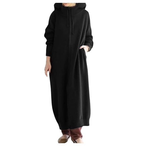 Extra-Long Zip Up Hoodies for Women Oversized Long Sleeve Fleece Jackets Casual Solid Hooded Outerwear with Pockets