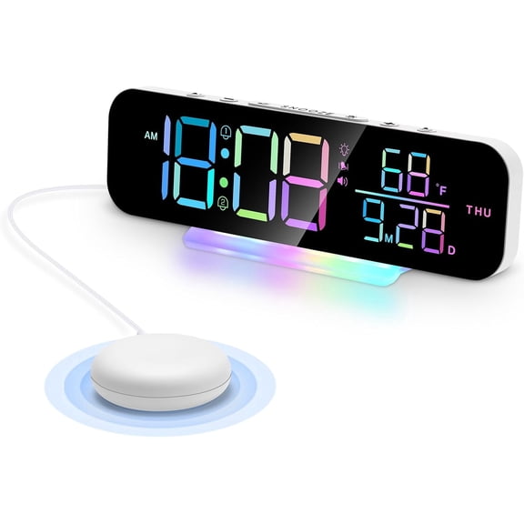 Extra Loud Vibrating Alarm Clock with Bed Shaker, Large LED Digital Display, Dual Alarms, Multiple RGB Colors, Adjustable Volume & Dimmer, for Heavy Sleepers & Hearing Impaired Adults, Black