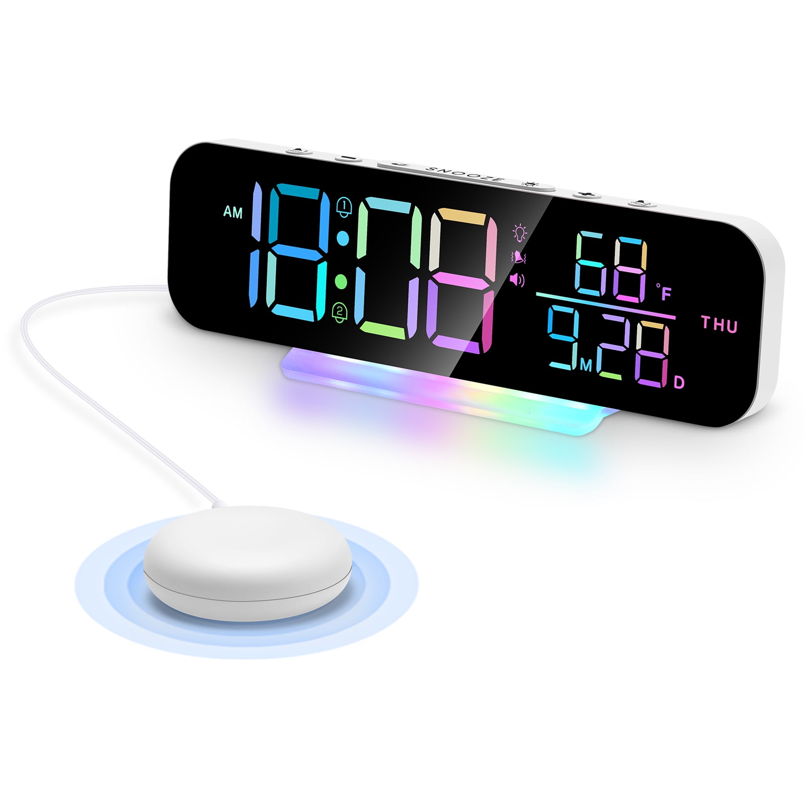 Extra Loud Vibrating Alarm Clock With Bed Shaker,Large Led Digital Display,Multiple RGB Colors