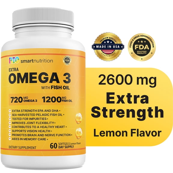 Extra Omega 3 Fish Oil with EPA & DHA - High-Potency Supplement - 2600 mg Per Serving, 60 Softgels - by Rio
