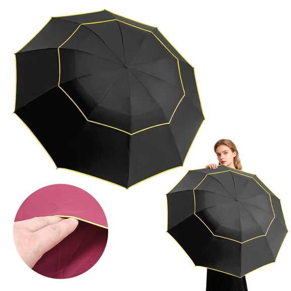 Extra Oversize Large Compact Golf Umbrella Double Canopy Vented Windproof Canopy Rustproof Folding Compact Rain Umbrellas, Can Comfortably Cover Multiple People, Practical Home Tool (Black)