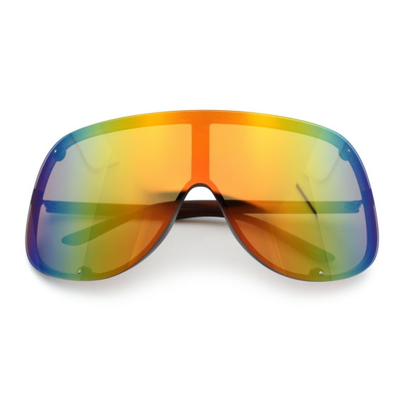 Extra Oversized Curved Shield Robotic 80s Sport Sunglasses Matte Brown - Rainbow Mirror