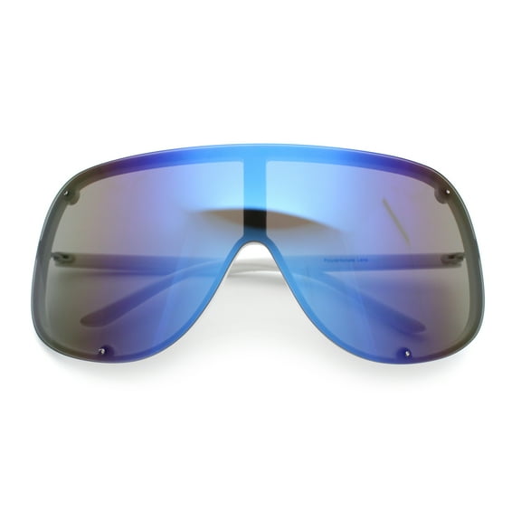 Extra Oversized Curved Shield Robotic 80s Sport Sunglasses White - Blue Mirror