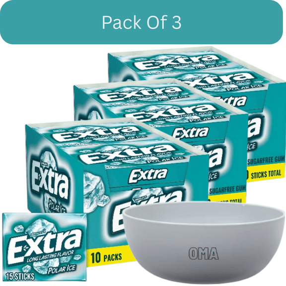 Extra Polar Ice Sugar Free Chewing Gum Multipack, 15 Pieces Each, 10 Packs With White Bowl By OMA