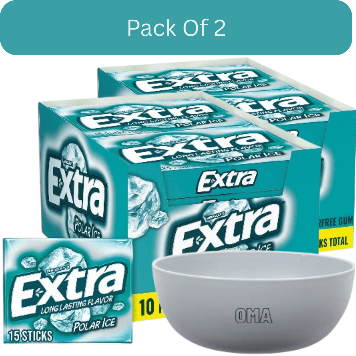 Extra Polar Ice Sugar Free Gum, 15 Count Packs, Multipack of 10 With White Bowl By OMA