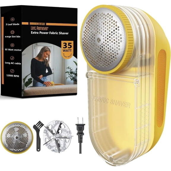 Extra Power Fabric  - 35W  Lint Remover for Clothes/Upholstery/Furniture/Couch - Speed of 12000 RPM -  Sweater Shavers to Remove Pilling - Large Fuzz Remover Yellow