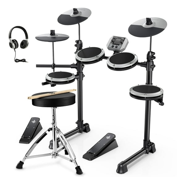 Donner Electric Drum Set for Beginner with 180+ Sounds, Quiet Mesh Kid Child Students Electronic Drum Kit with Heavy Duty Pedals, On-Ear Headphones, DED-80 Gray