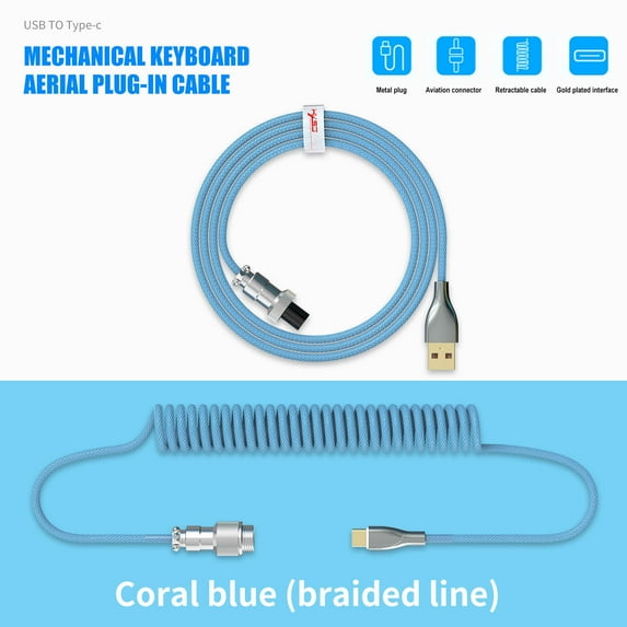 Extra Savings,Mechanical Keyboard Cable Coiled Type-C USB Aviation Connector Spring Wire Desktop Computer Plug Decoration Accessory,Vsgery,Blue