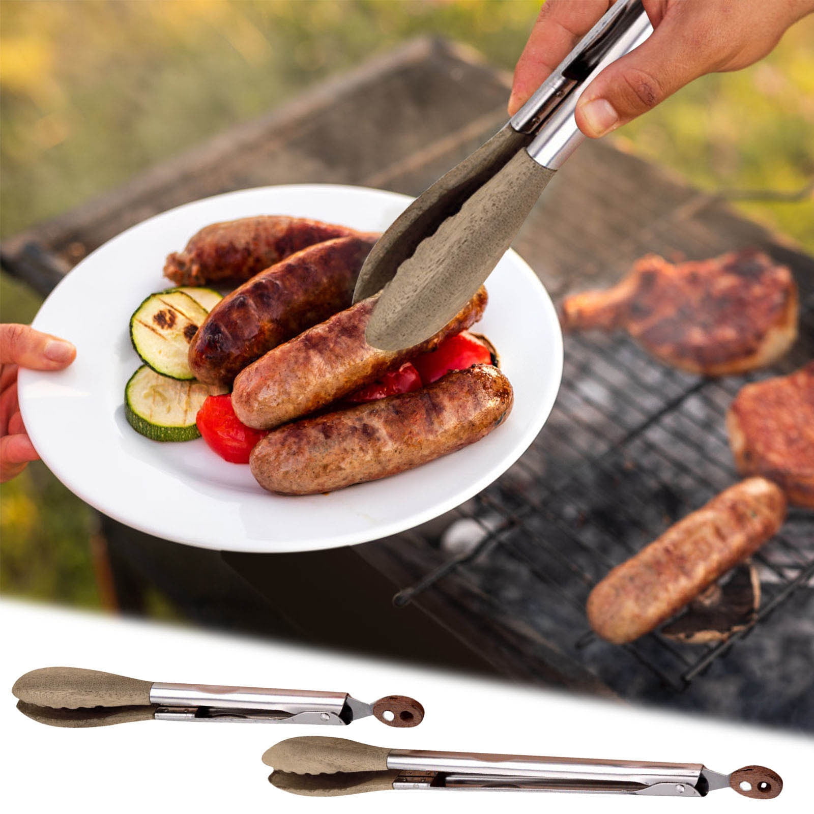 Extra Savings Stainless Steel Grill Tongs 9 12 Inches Wood Handle Non Slip Chucks BBQ