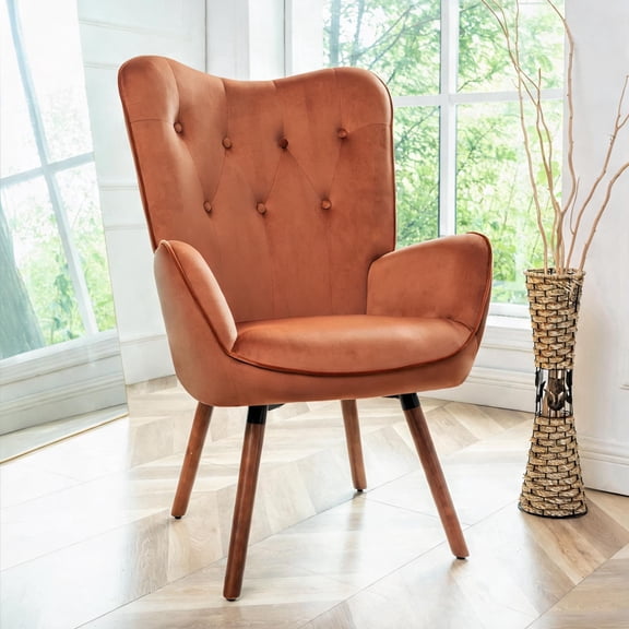 Extra Seating for Living Room Bedroom Mid-Century Modern Button-Tufted Warm Orange Polyester Accent Armchair with Solid Wood Legs