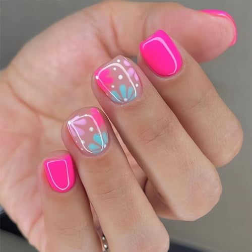 Extra Short Press on Nails Square Hot Pink False Nails Acrylic Glue on Nails Short Cute Flower Fake Nails Reusable Press on Ons Spring Artificial Stick on Nails for Women 24Pcs