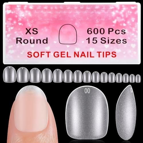 Extra Short Round Tips, Gel Tips with Tip Primer Cover,Clear Gel Press Nails Full Matte Paintable,15 Sizes 600 count Short Nails Glue Nails for DIY Salon