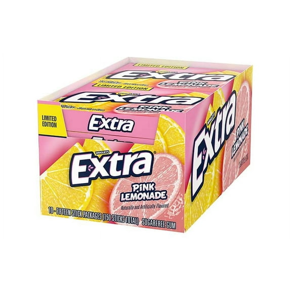Extra Slim Pack Pink Lemonade Gum 10 Count Pack — 15 Sticks Each — Sugar-Free Fruity Long-Lasting Chewing Gum