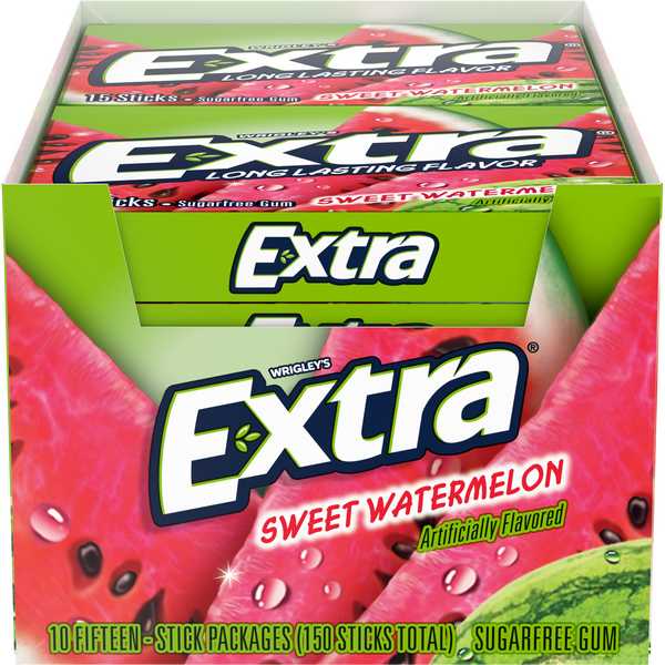 Extra Slim Pack Watermelon Gum 10 Count Pack — 15 Sticks Each — Sugar-Free Juicy Long-Lasting Chewing Gum