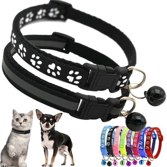 Extra Small Dog Collar with Bell, 2-Pack Puppy Collar with Bells Reflective Kitten Cat Collars Adjustable Buckle for Tiny Little XS XSmall Small Breed Pets Dogs Girls Female Chihuahua