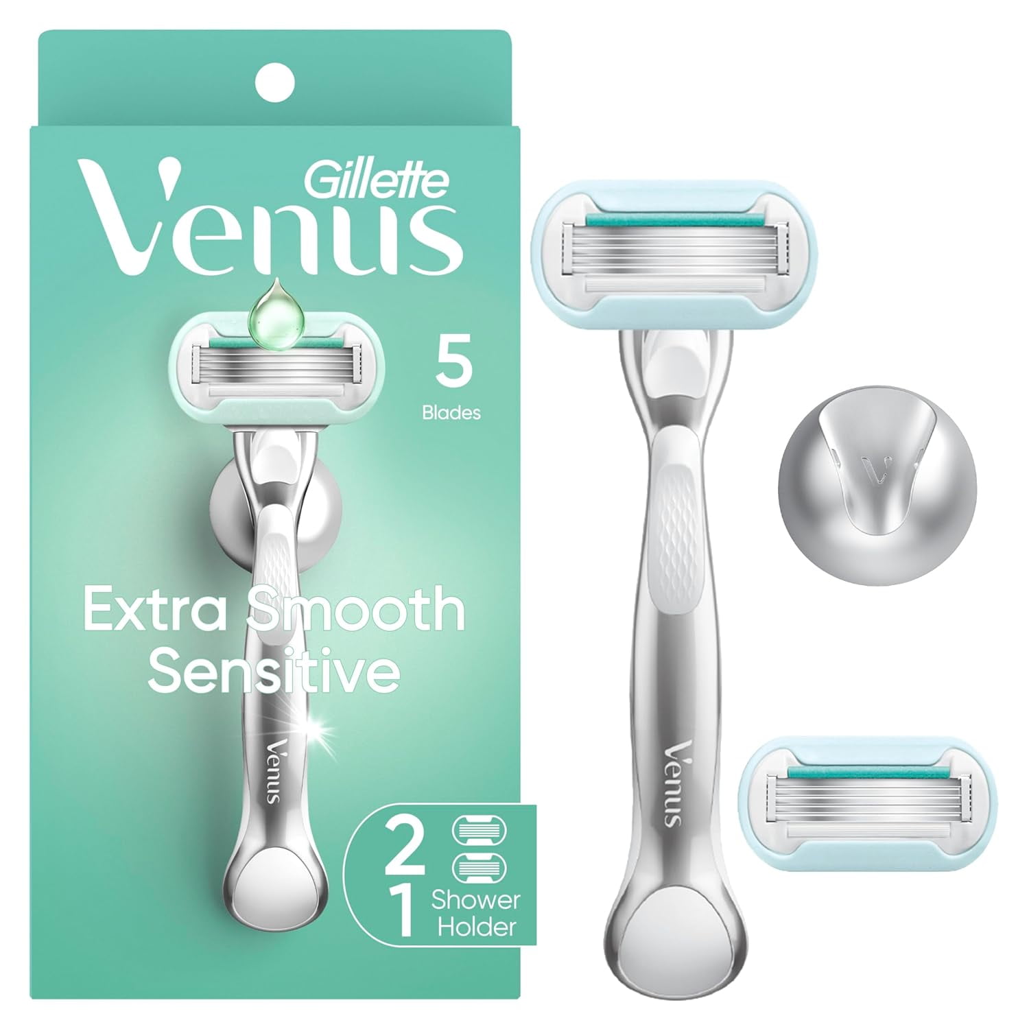 Extra Smooth Sensitive Razor for Women, Includes 1 Reusle Razor Handle + 2 Refills, for Sensitive Skin with Metal Handle and Shower Holder