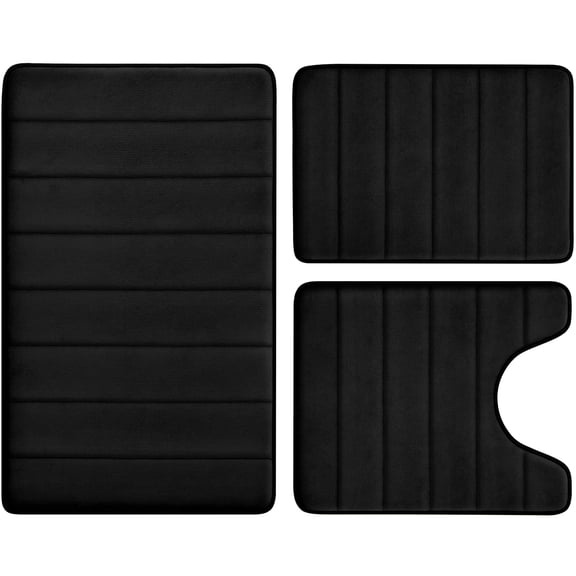 Extra Soft Bath Mat Set 3 Piece Memory Foam Non Slip Absorbent Washable Toilet Rugs, Black