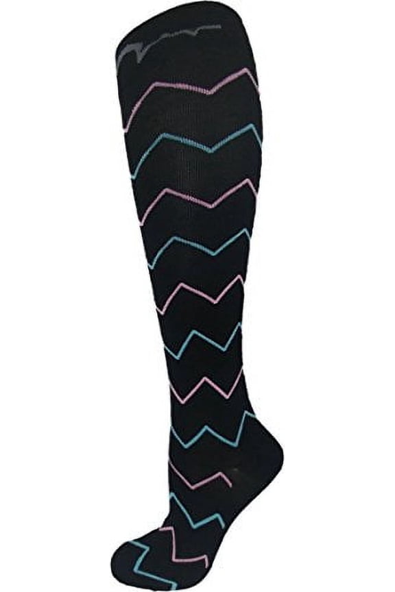 Extra Soft Large/X-Large Colorful Compression Socks, Moderate/Medium Graduated Compression 15-20 mmHg. Therapeutic, Occupational, Travel & Flight Knee-High Hosiery. Black Multi-Color Zig Zag