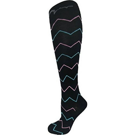 Extra Soft Small/Medium Colorful Compression Socks, Moderate/Medium Graduated Compression 15-20 mmHg. Therapeutic, Occupational, Travel & Flight Knee-High Hosiery. Black Multi-Color Zig Zag