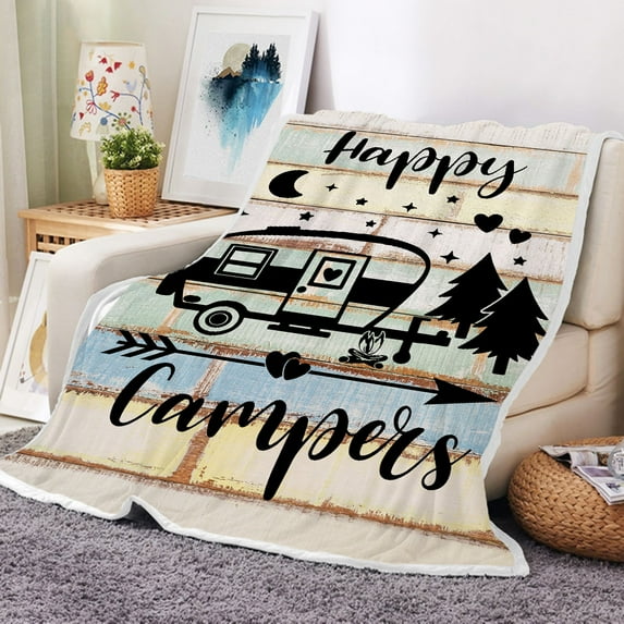 Extra Soft Vintage Wooden Door Happy Camper Throw Wrap Cover, Flannel Camping Blanket Throw Wearable Blankets, Couch Blanket, Travel Blanket, Camping Blanket, and Bed Blanket.