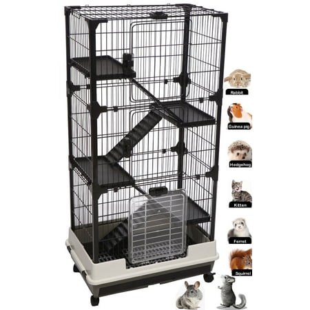 Extra Spacious Multi-Tiers Indoor Outdoor Ferret Chinchilla Guinea Pig Rabbit Hutch Paw Safe Solid Platform Ramp Mesh Floor Leakproof Tray Large Access Doors Lockable Casters