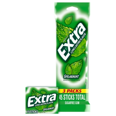 EXTRA Spearmint Sugar Free Chewing Gum, 15 Sticks per Pack, 3 Pack