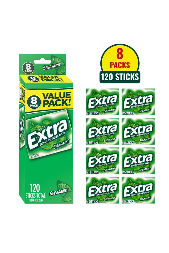Spearmint Sugar Free Chewing Gum, 15 Sticks per Pack, 8 Pack Bulk
