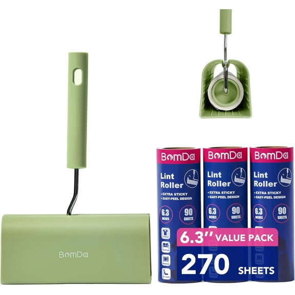 Extra Sticky Large Surface Lint Roller, 6.3'' Giant Lint Roller for Pet Hair, 270 Sheets/ 3 Refills, Long Handle Lint Remover for Clothes, Furniture, Dog & Cat Hair Remover