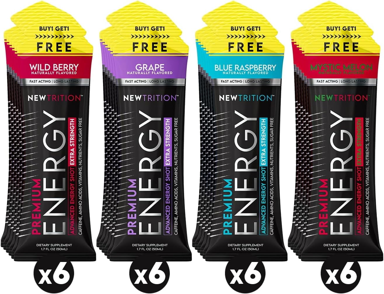 Extra Strength Energy Shot by NewTrition | Long Lasting | Sugar Free | 2-FL OZ | 24-Count | Mixed Display