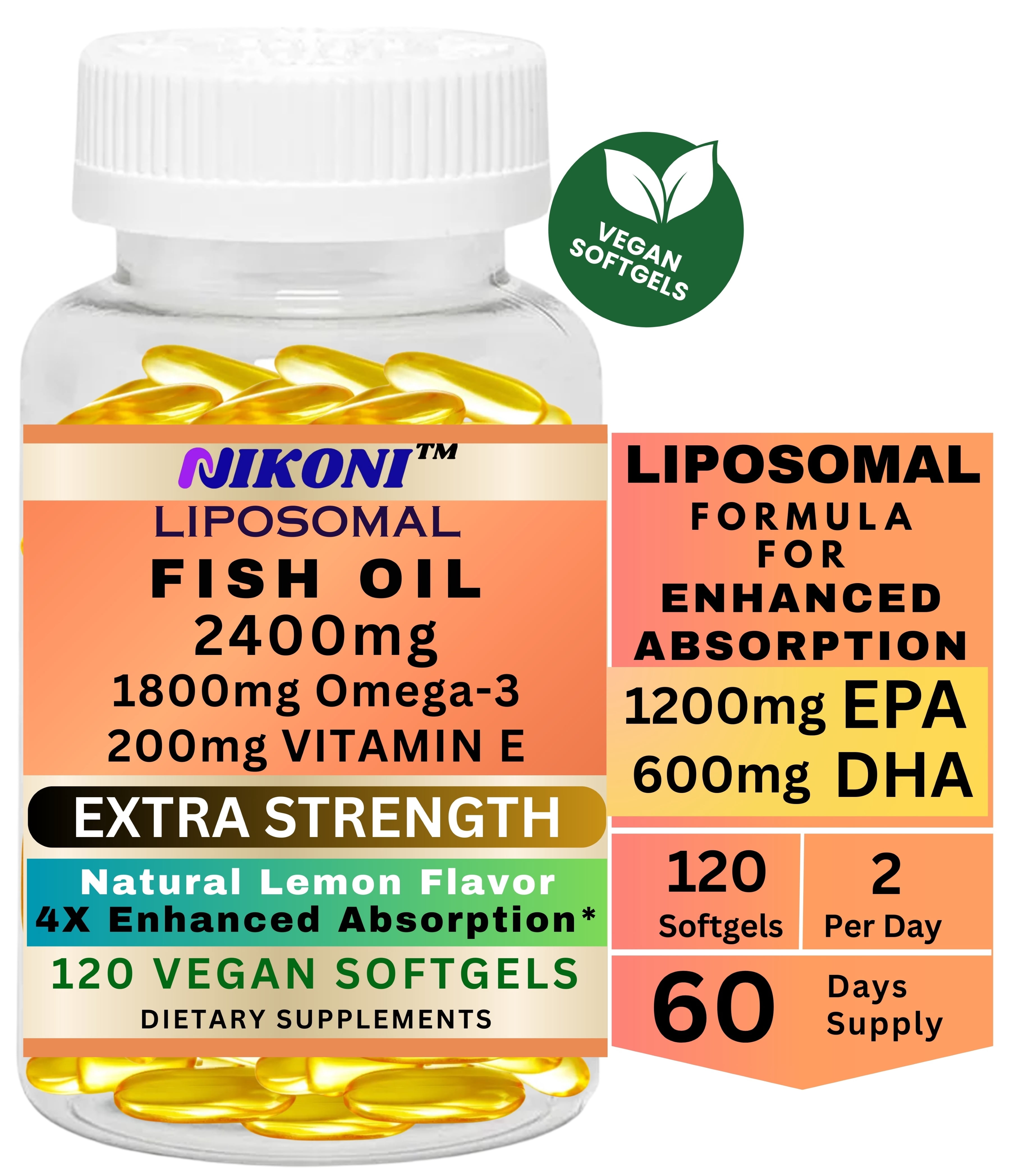 Nikoni Fish Oil Softgels Liposomal Vegan, 2400 mg Extra Strength, 1800mg EPA DHA, 200 mg Vitamin E, 120 Count
