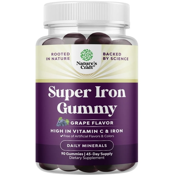 Natures Craft Extra Strength 45mg Super Iron Gummies with Vitamin C, Grape Flavor, 90 Count